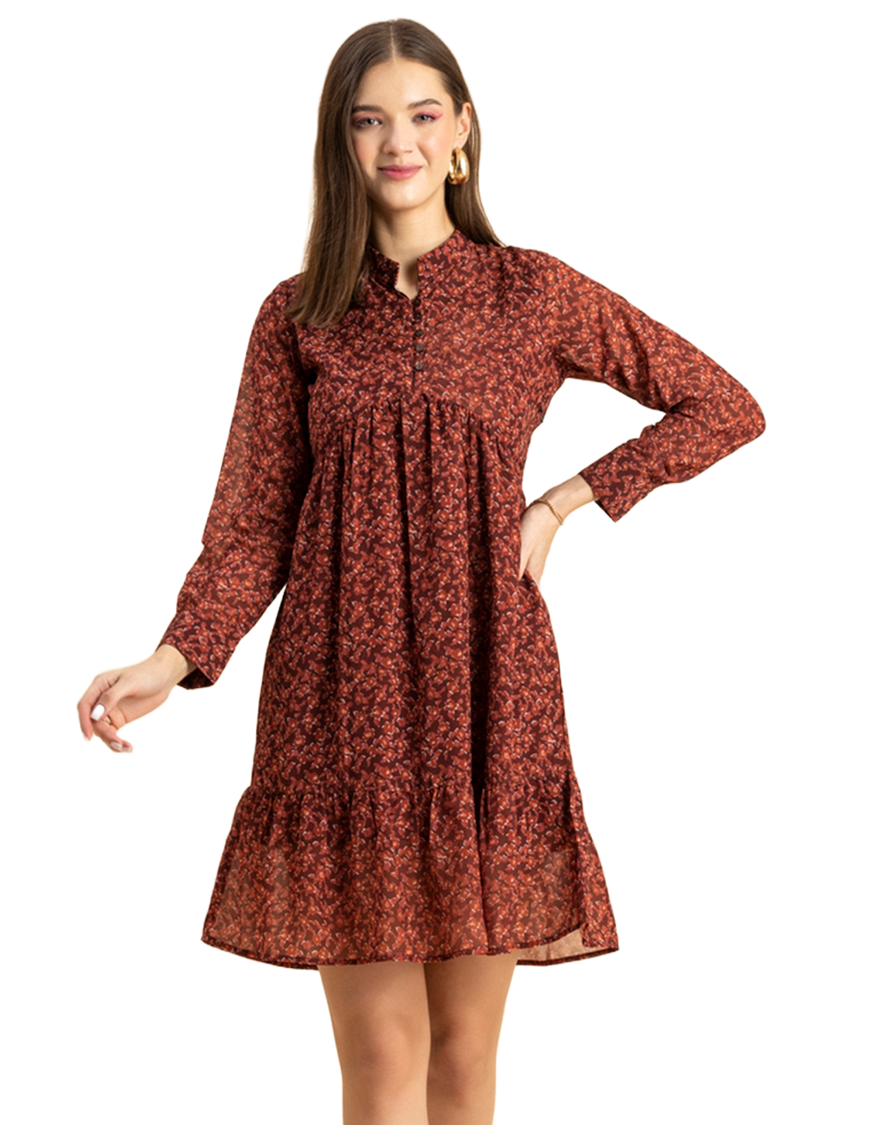Solid Cuffed Sleeves Dress