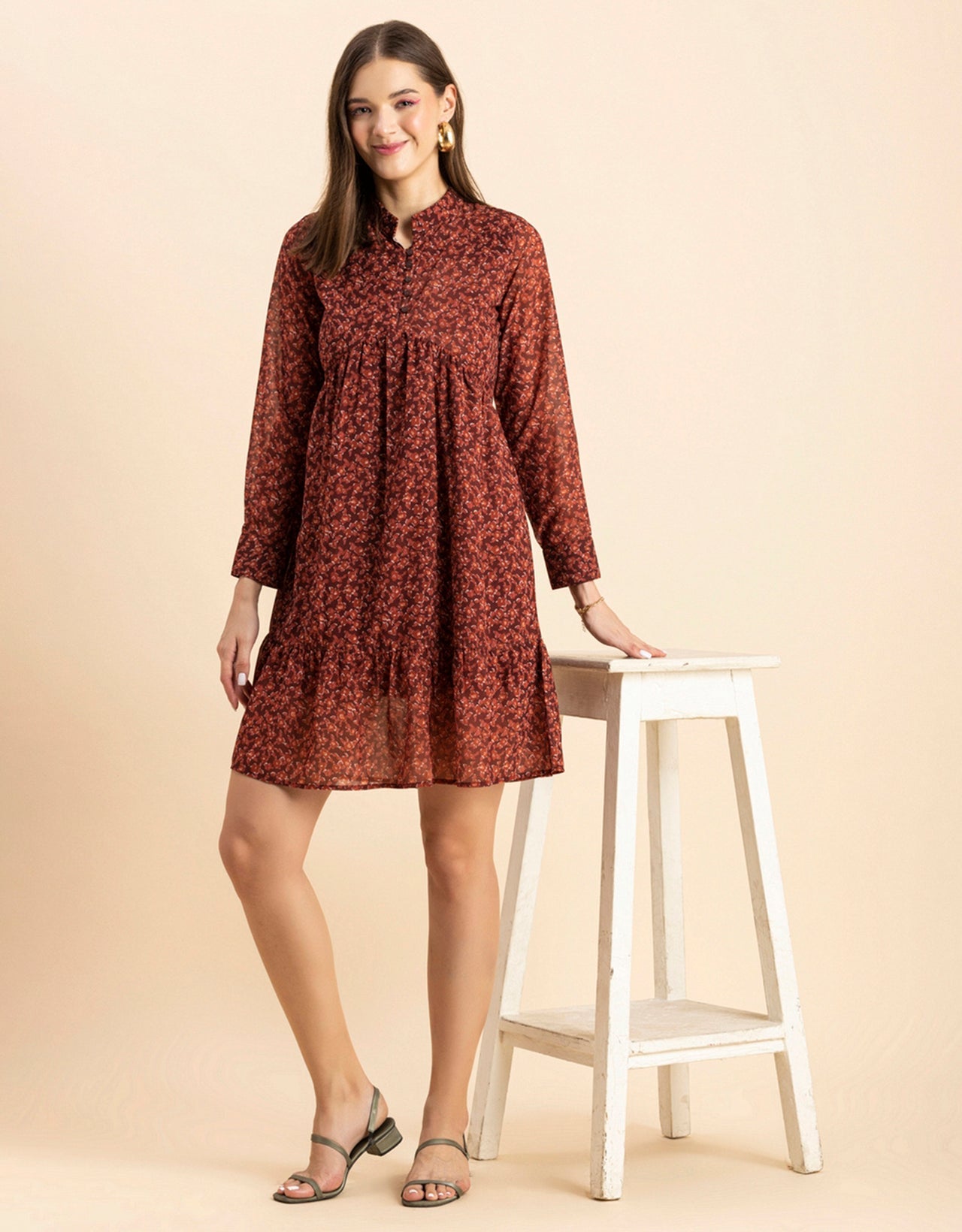 Solid Cuffed Sleeves Dress