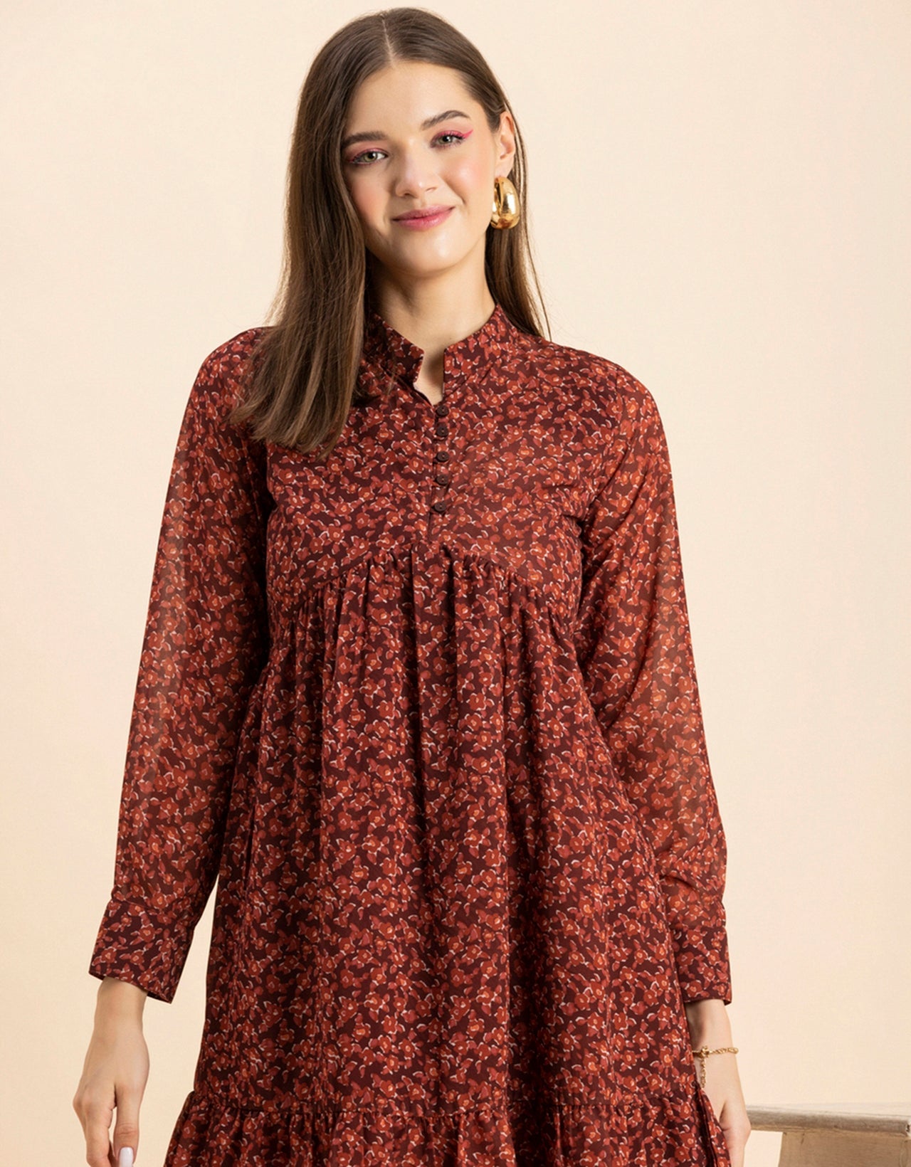 Solid Cuffed Sleeves Dress