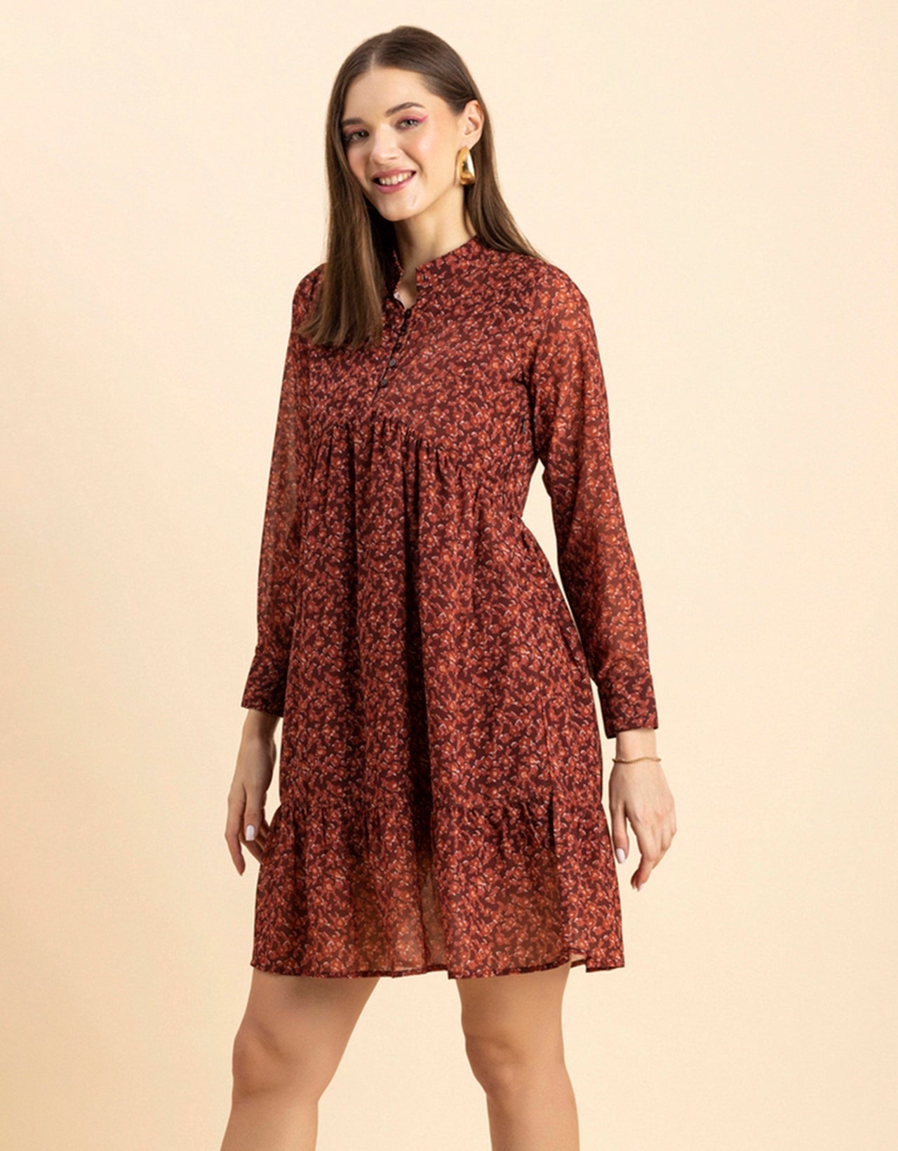 Solid Cuffed Sleeves Dress