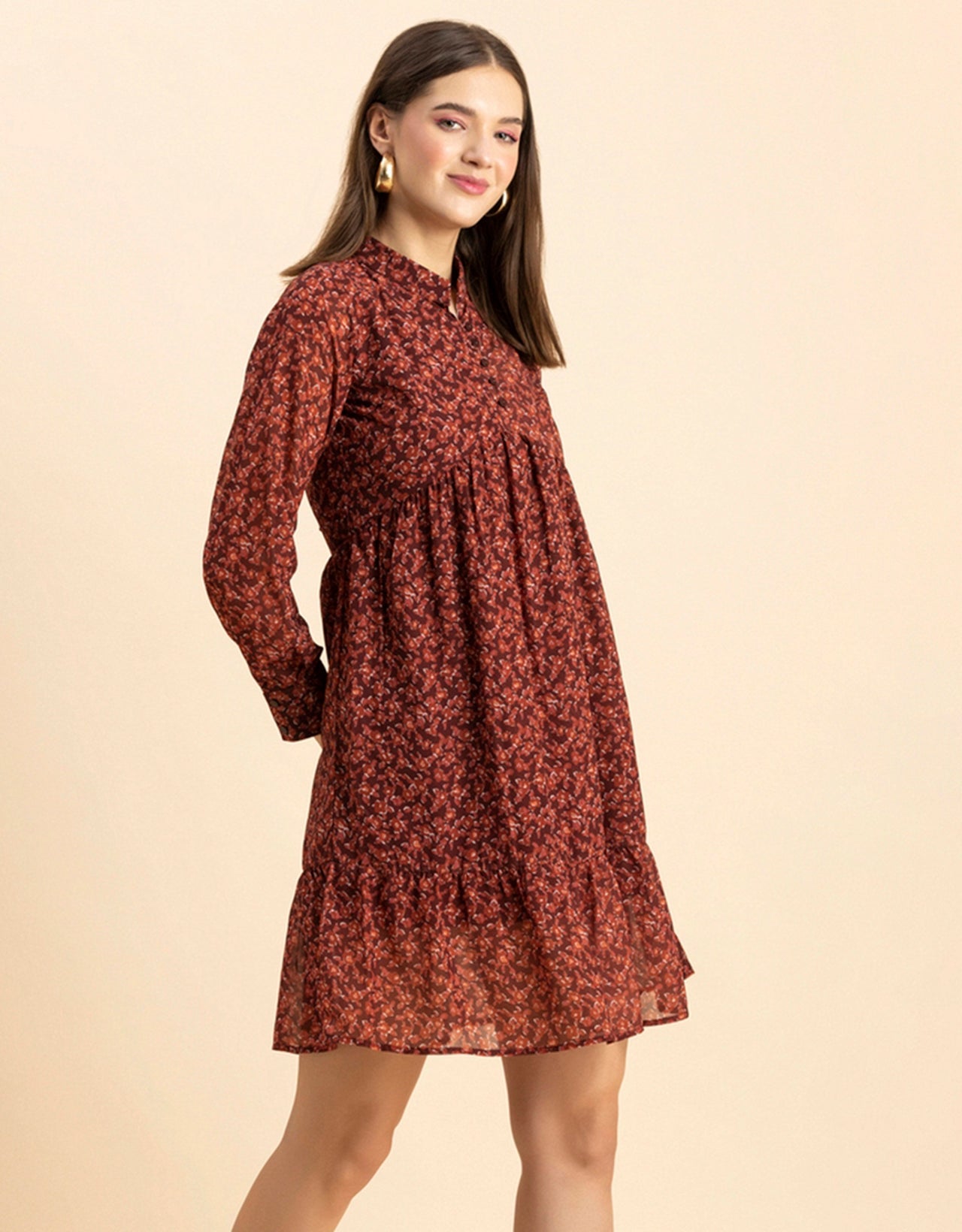 Solid Cuffed Sleeves Dress