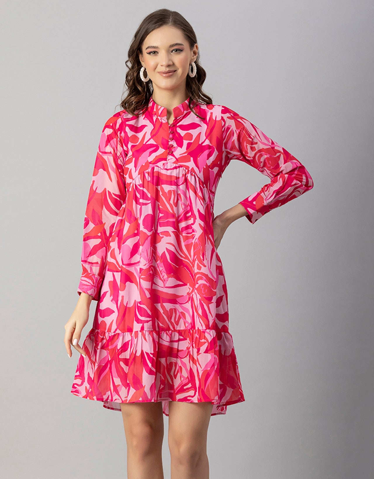 Solid Cuffed Sleeves Dress