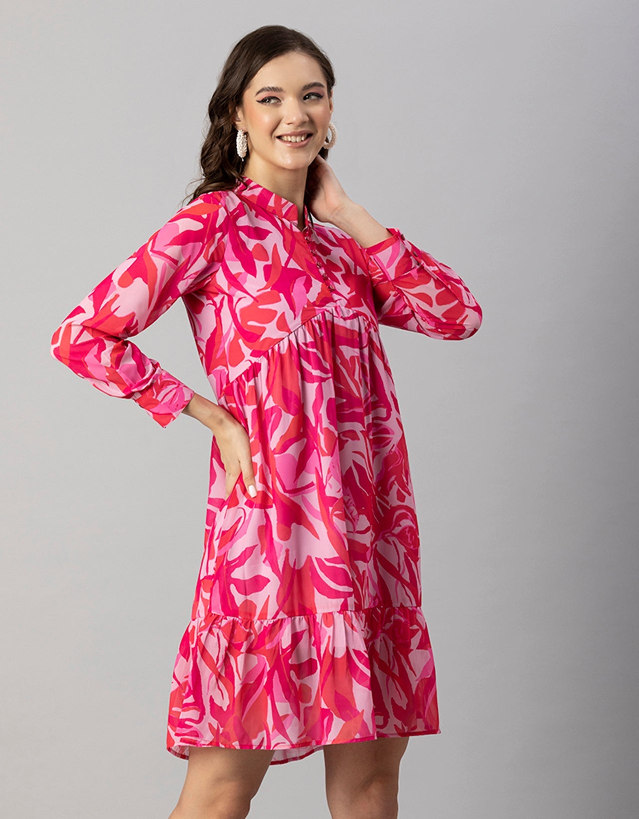 Solid Cuffed Sleeves Dress