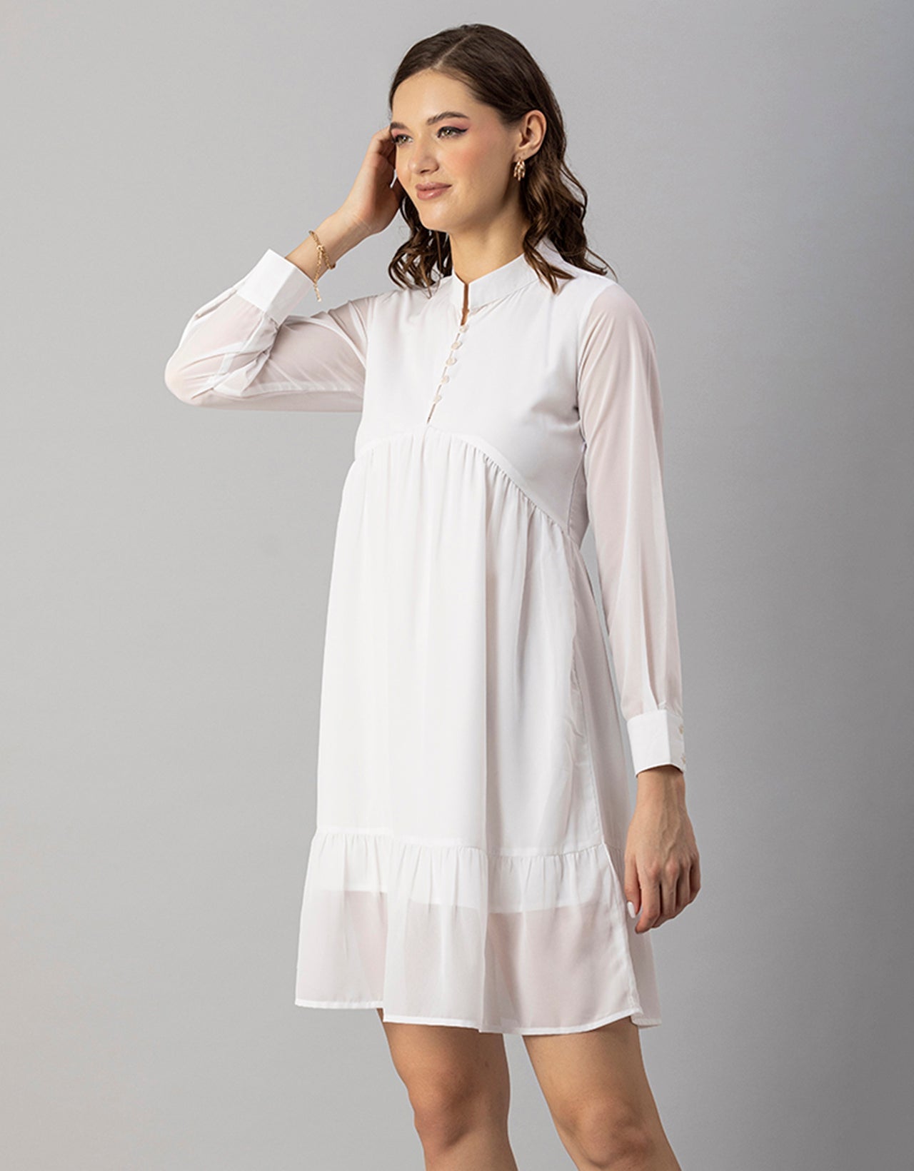 Solid Cuffed Sleeves Dress