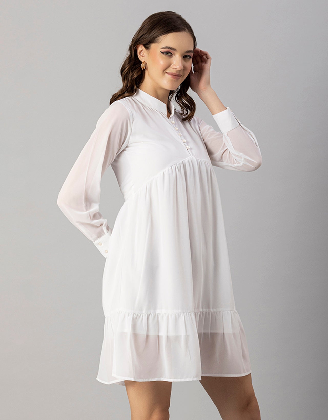 Solid Cuffed Sleeves Dress