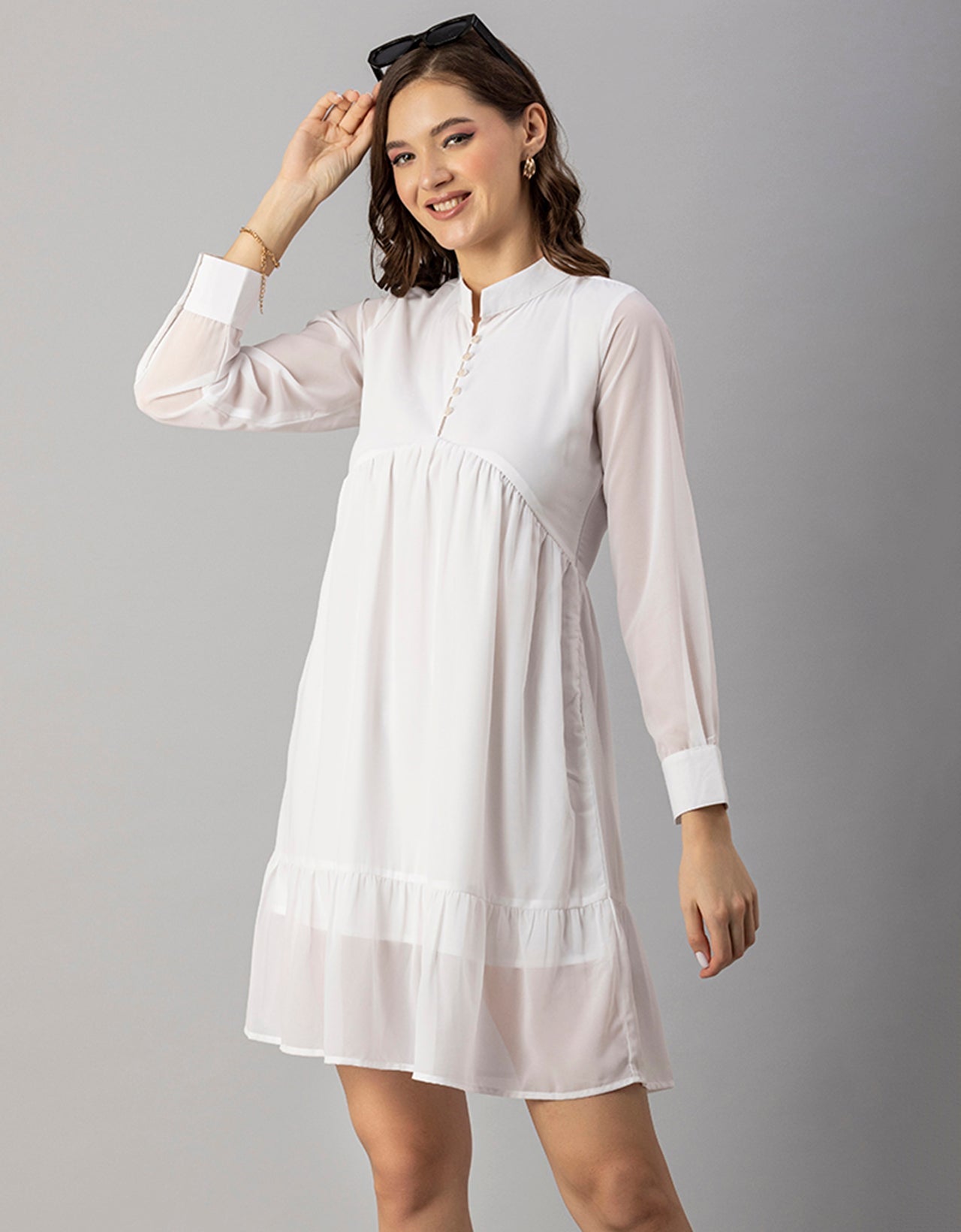 Solid Cuffed Sleeves Dress