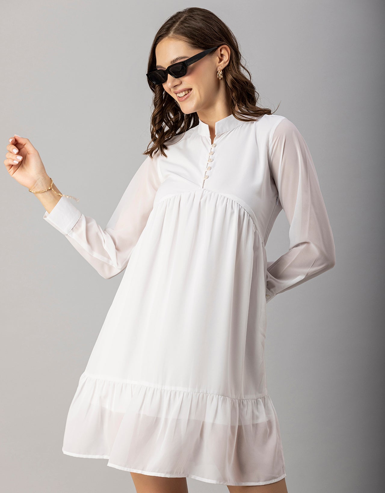 Solid Cuffed Sleeves Dress