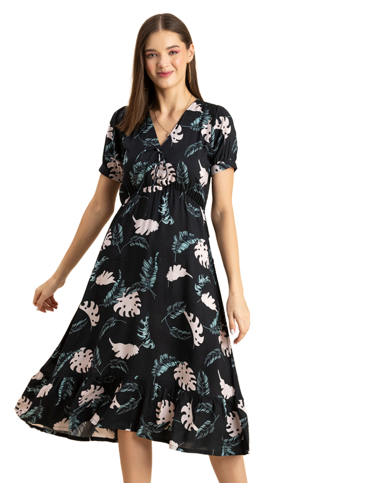 Printed Summer Dress, V-Neck Midi