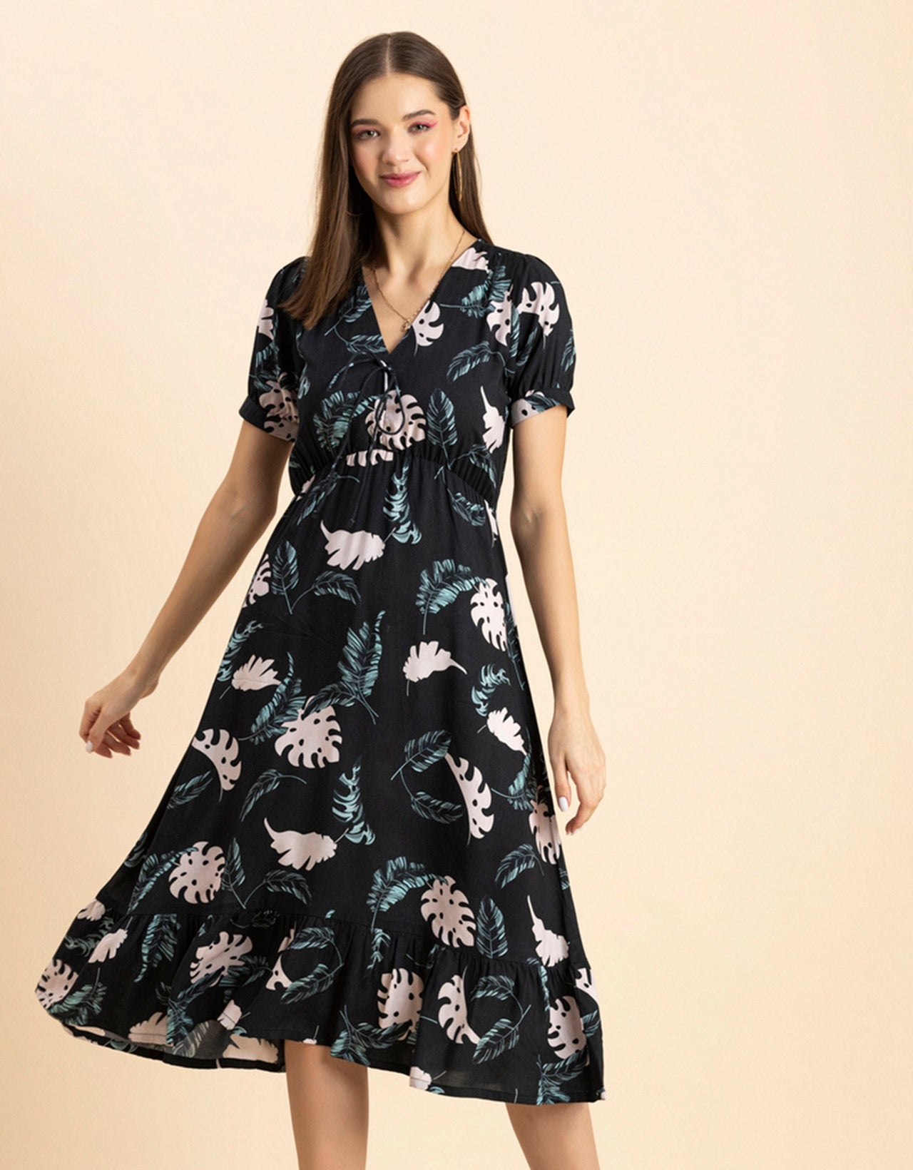 Printed Summer Dress, V-Neck Midi
