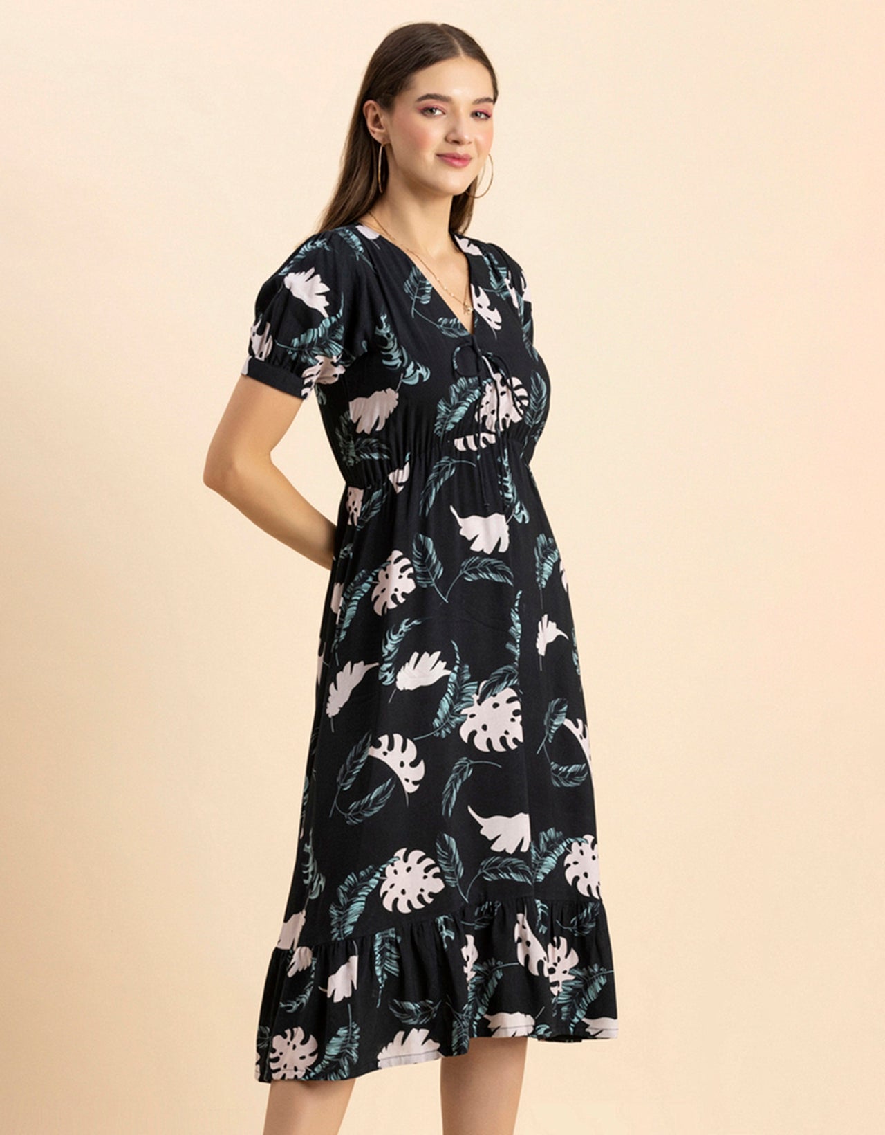 Printed Summer Dress, V-Neck Midi