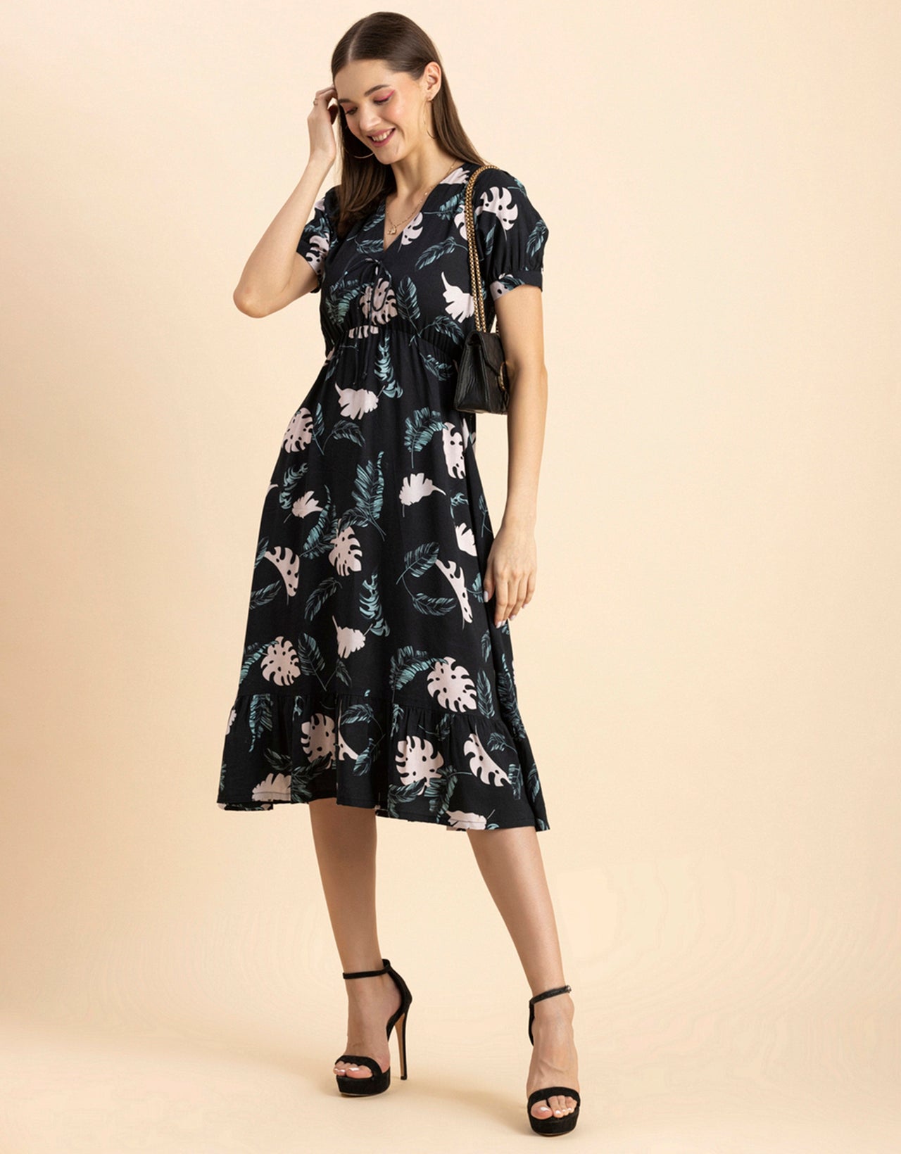 Printed Summer Dress, V-Neck Midi