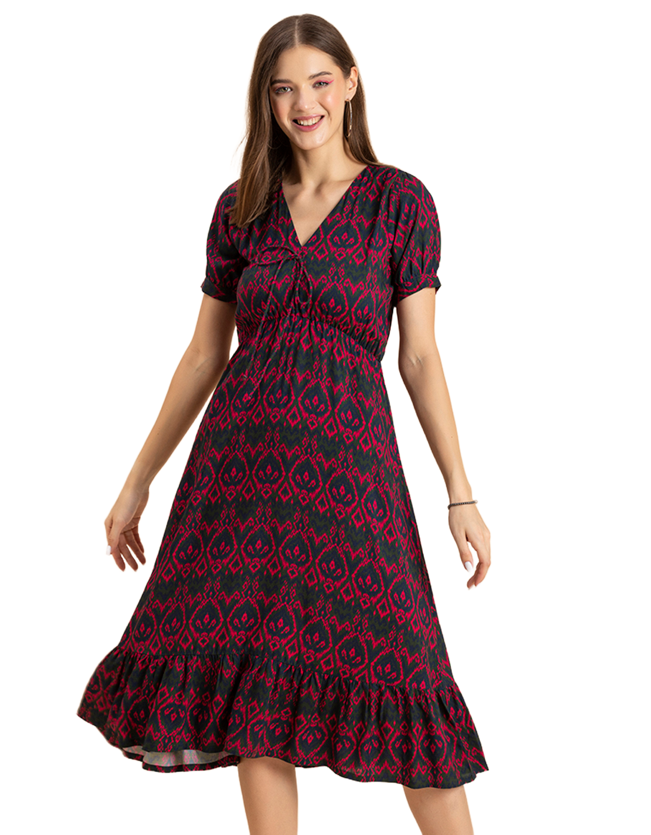 Printed Summer Dress, V-Neck Midi