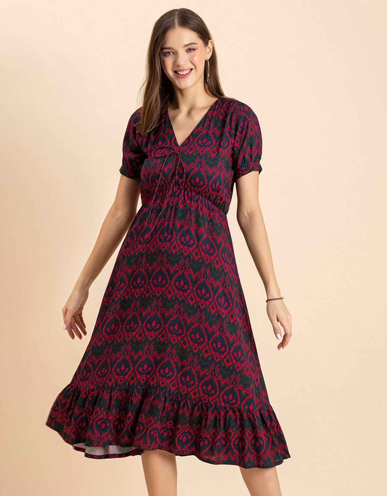 Printed Summer Dress, V-Neck Midi