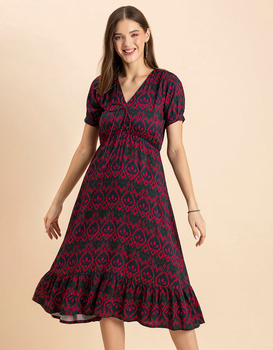 Printed Summer Dress, V-Neck Midi