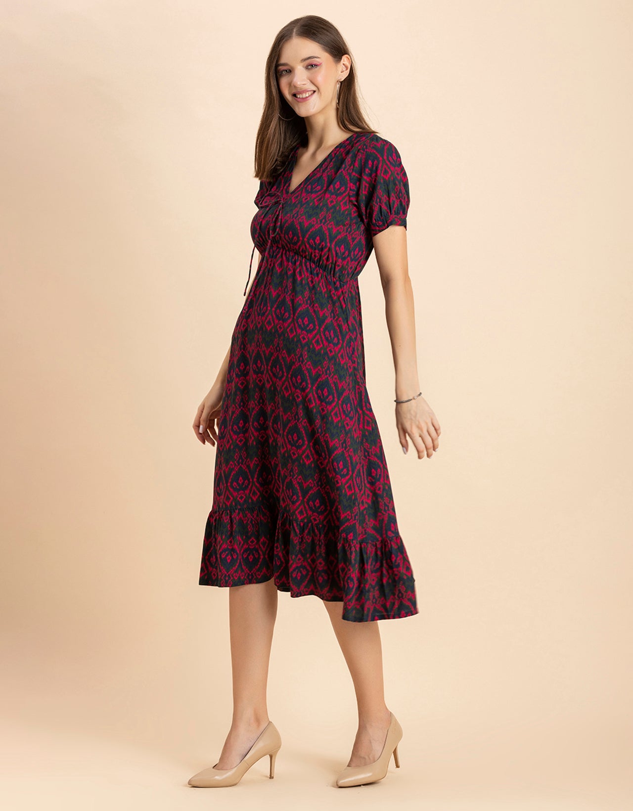 Printed Summer Dress, V-Neck Midi