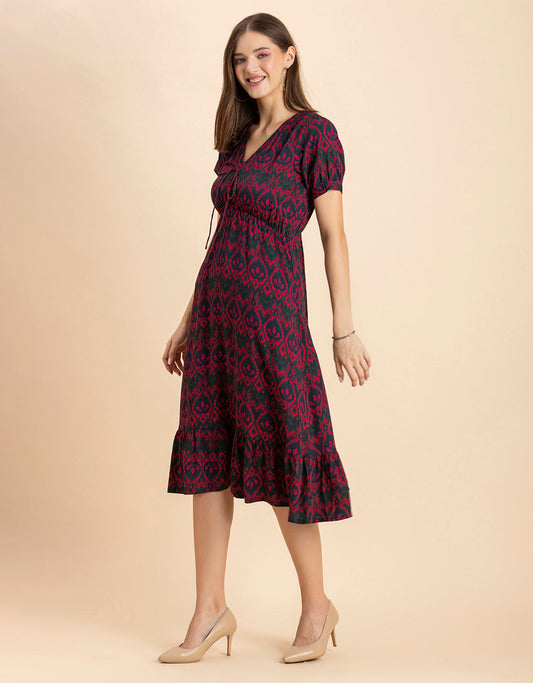 Printed Summer Dress, V-Neck Midi