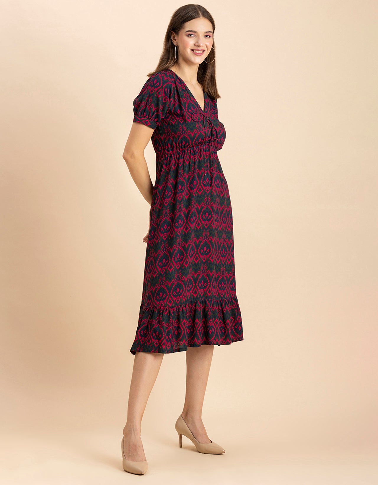 Printed Summer Dress, V-Neck Midi