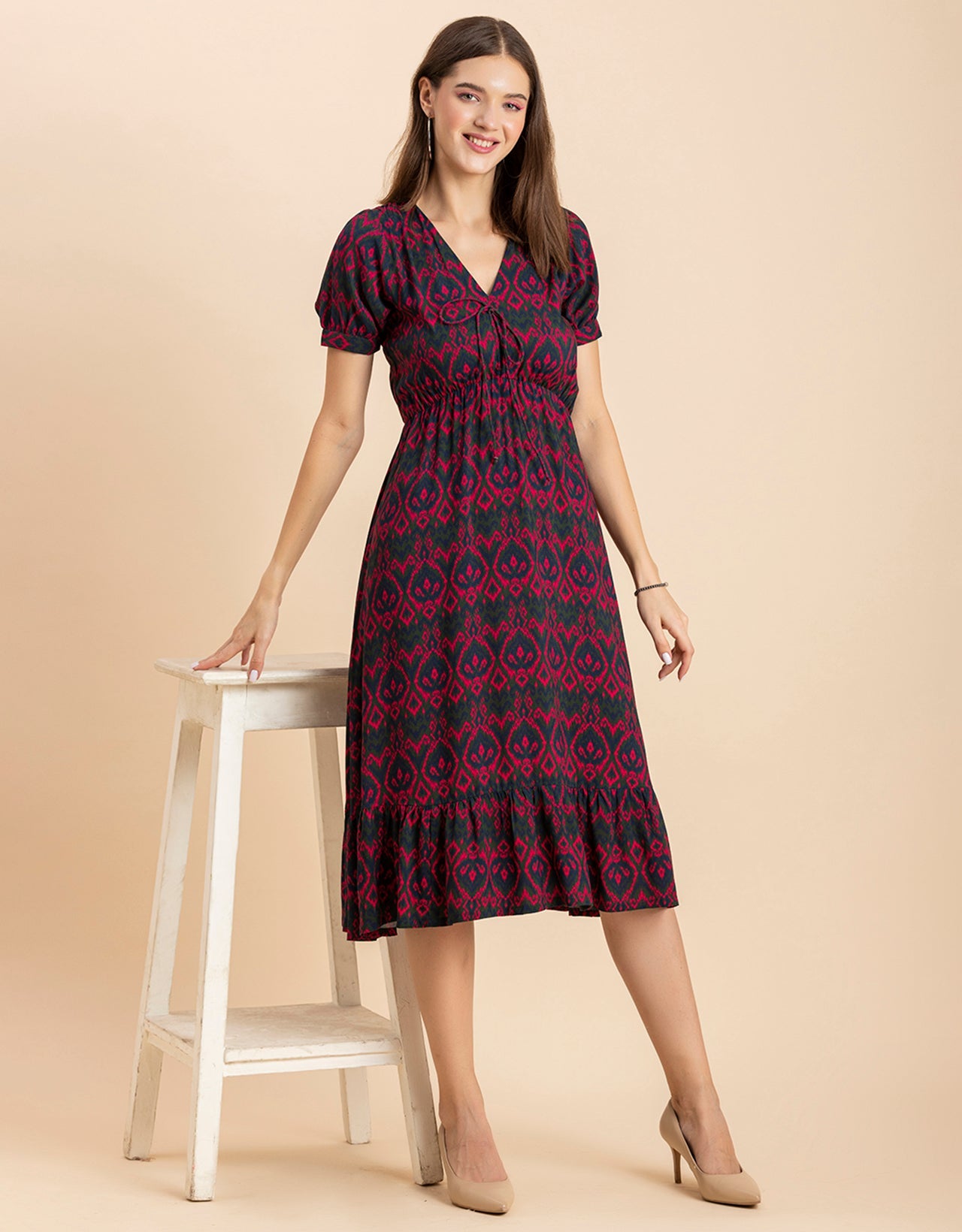 Printed Summer Dress, V-Neck Midi