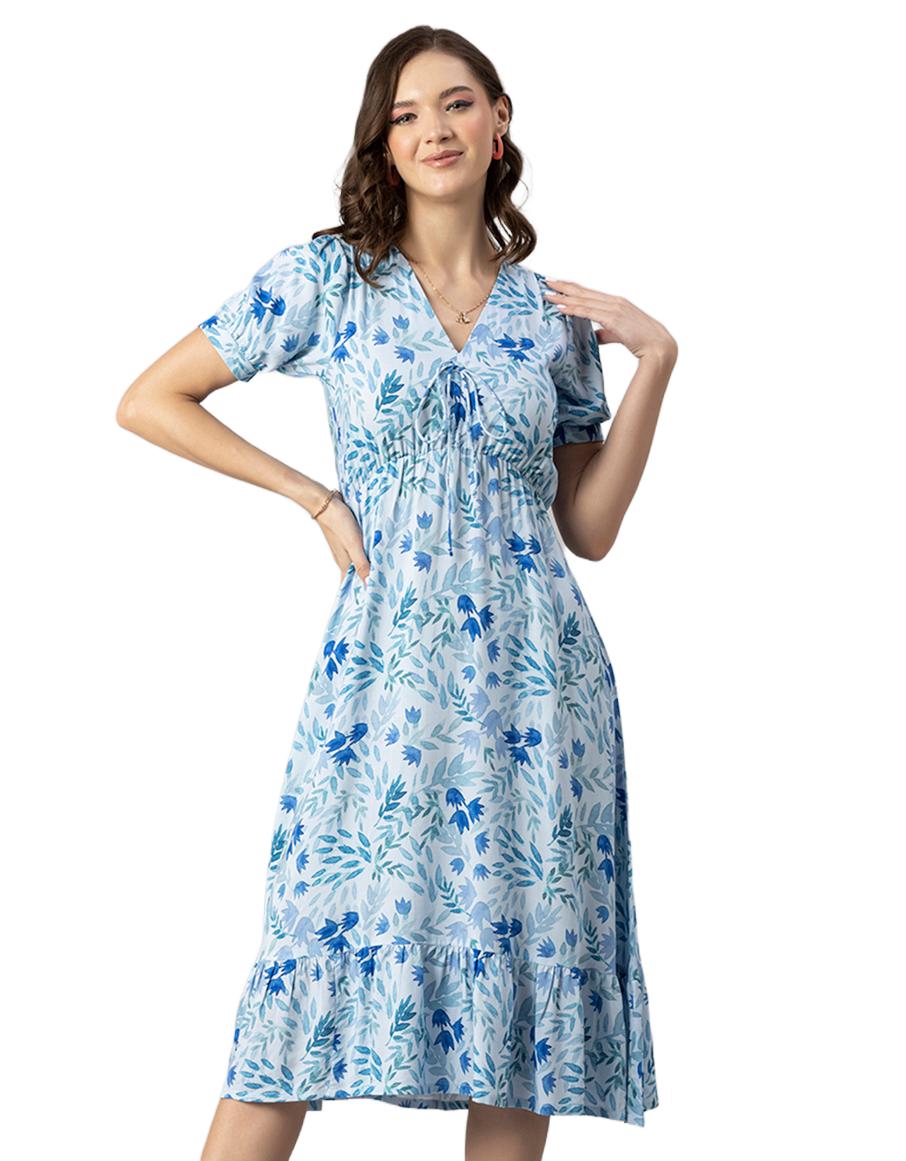 Printed Summer Dress, V-Neck Midi