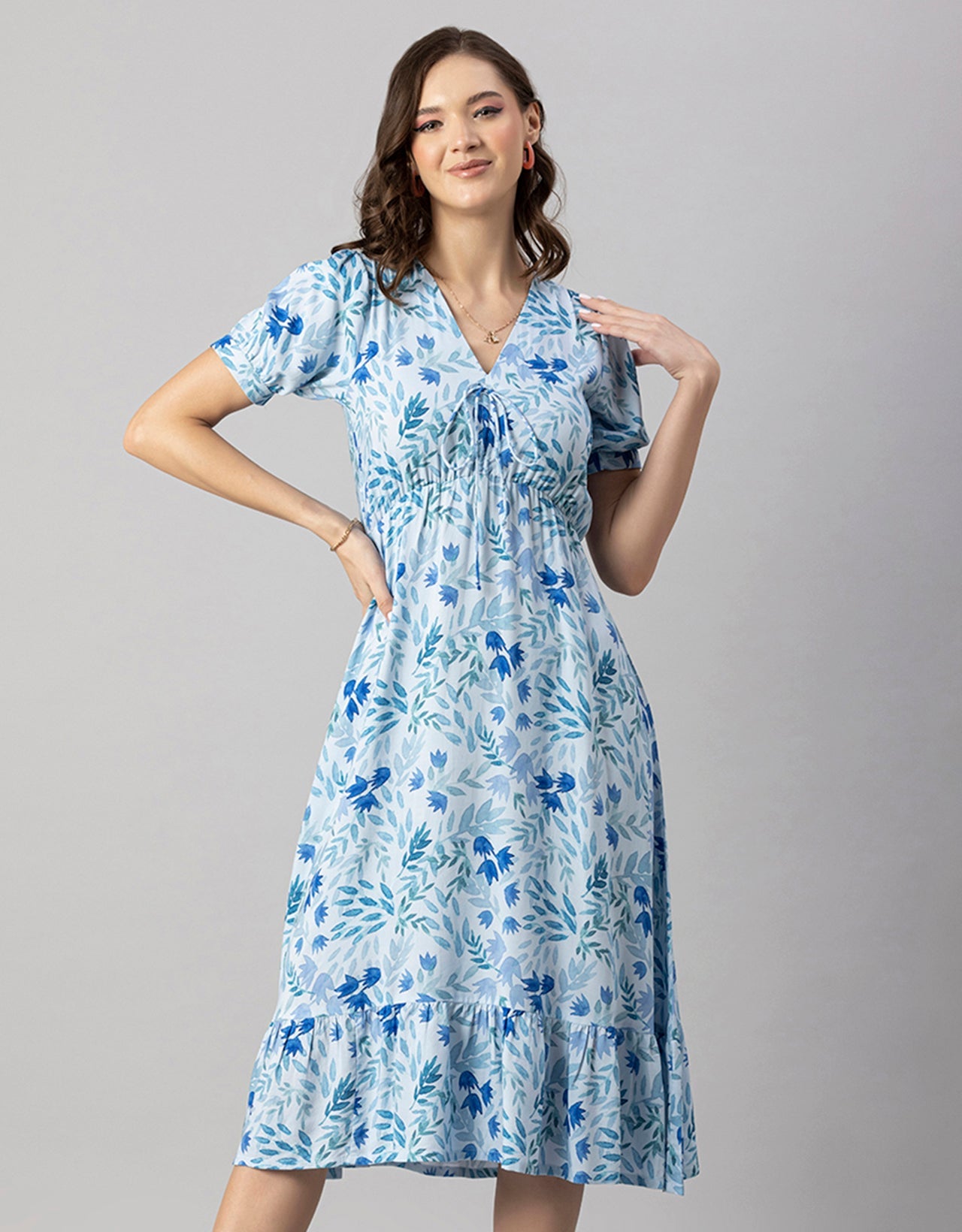 Printed Summer Dress, V-Neck Midi