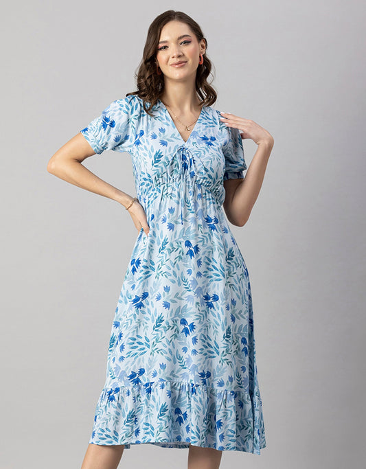 Printed Summer Dress, V-Neck Midi