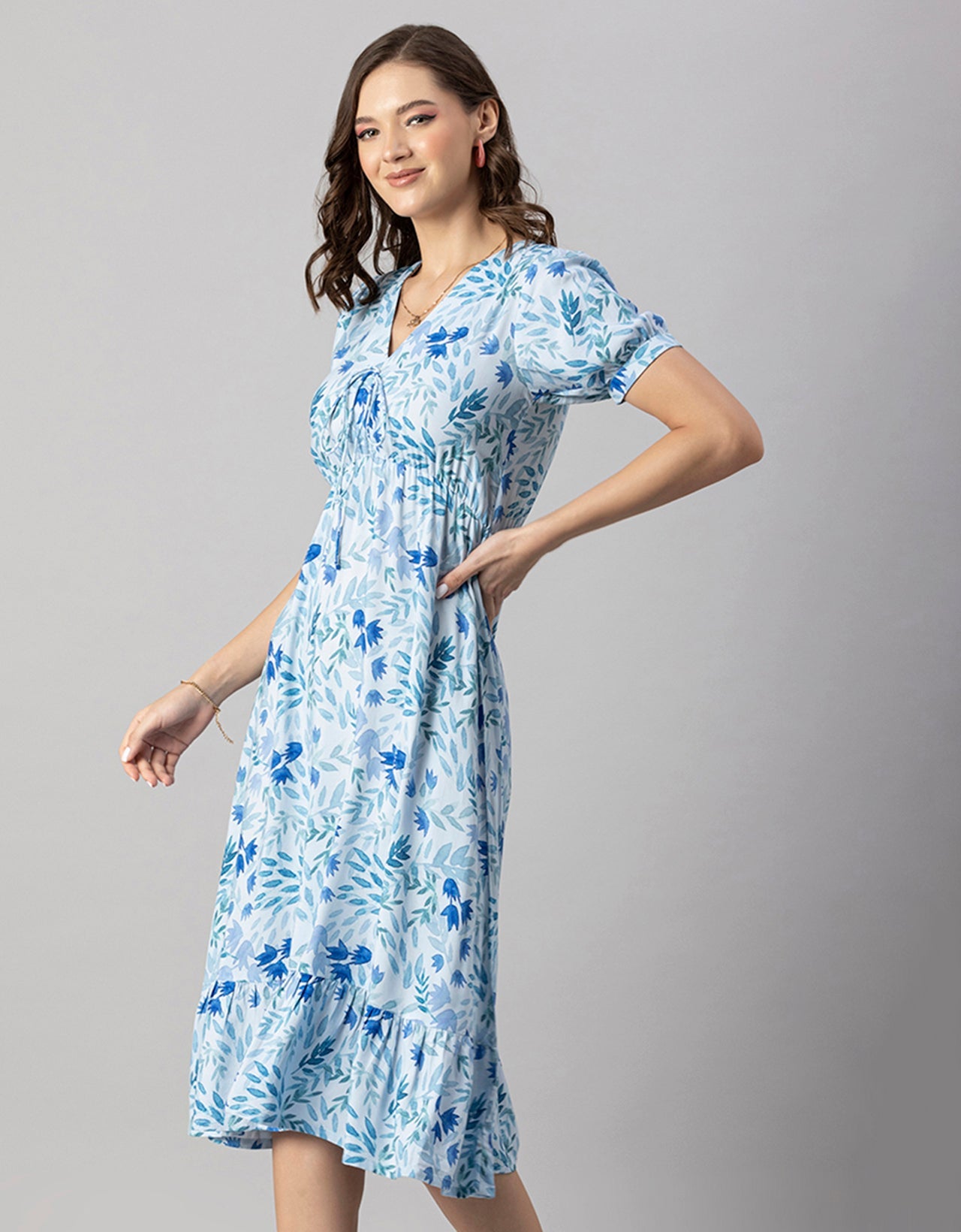 Printed Summer Dress, V-Neck Midi