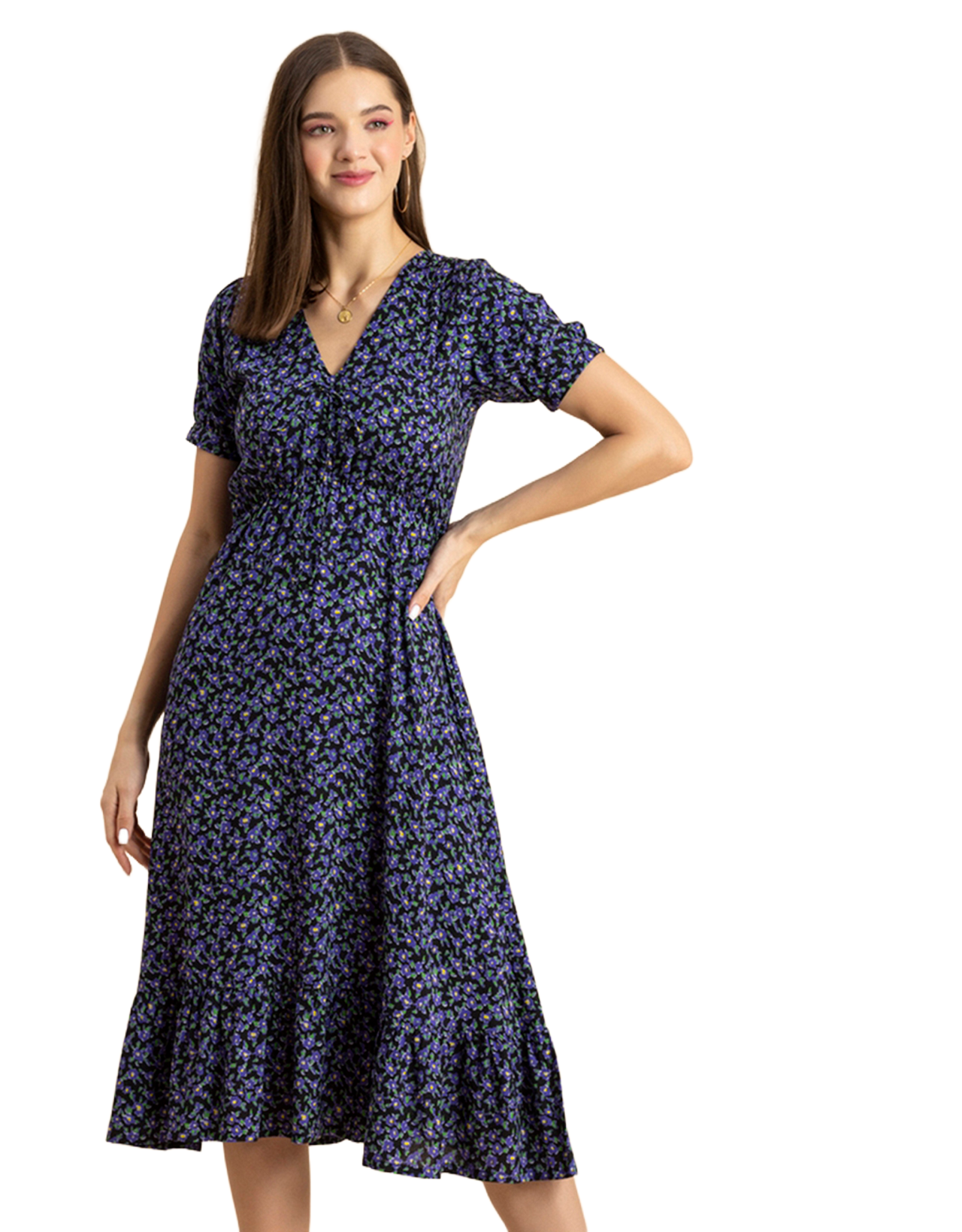 Printed Summer Dress, V-Neck Midi