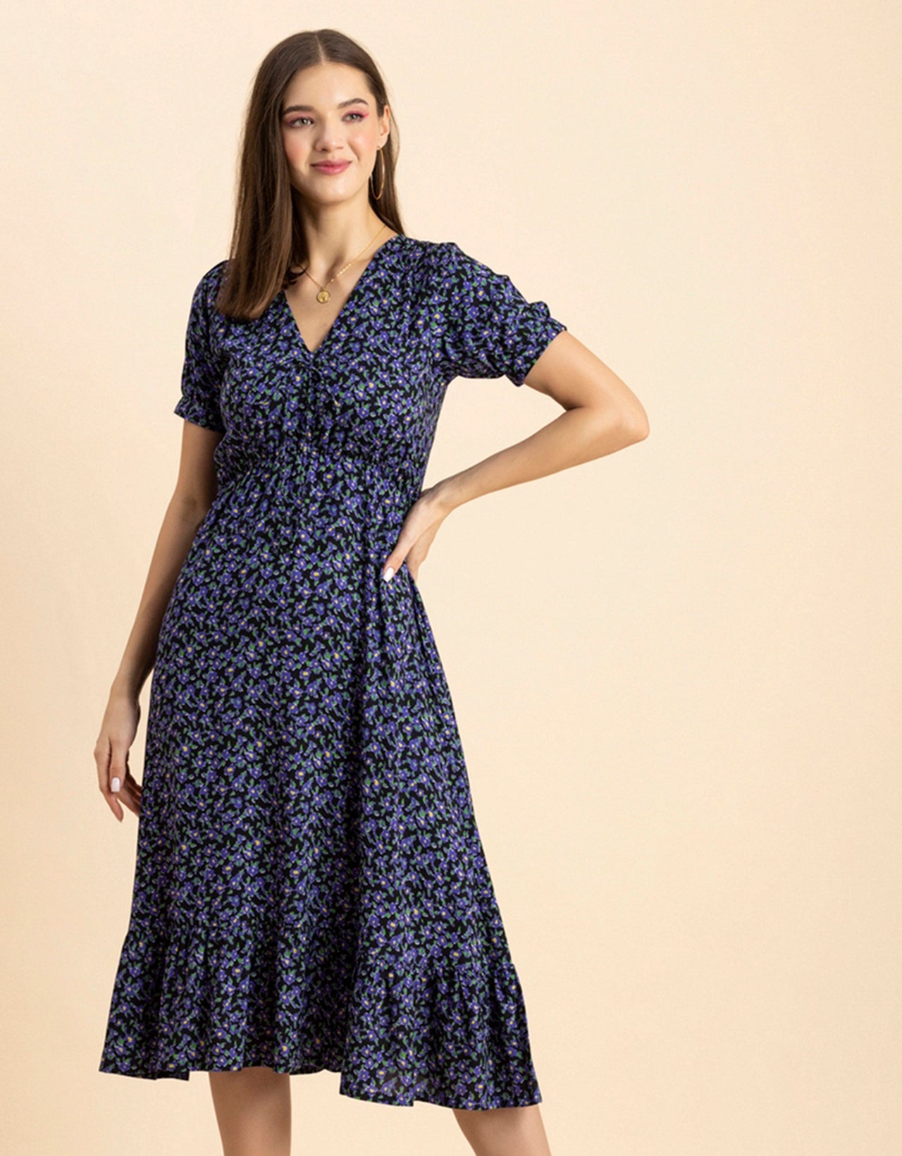 Printed Summer Dress, V-Neck Midi