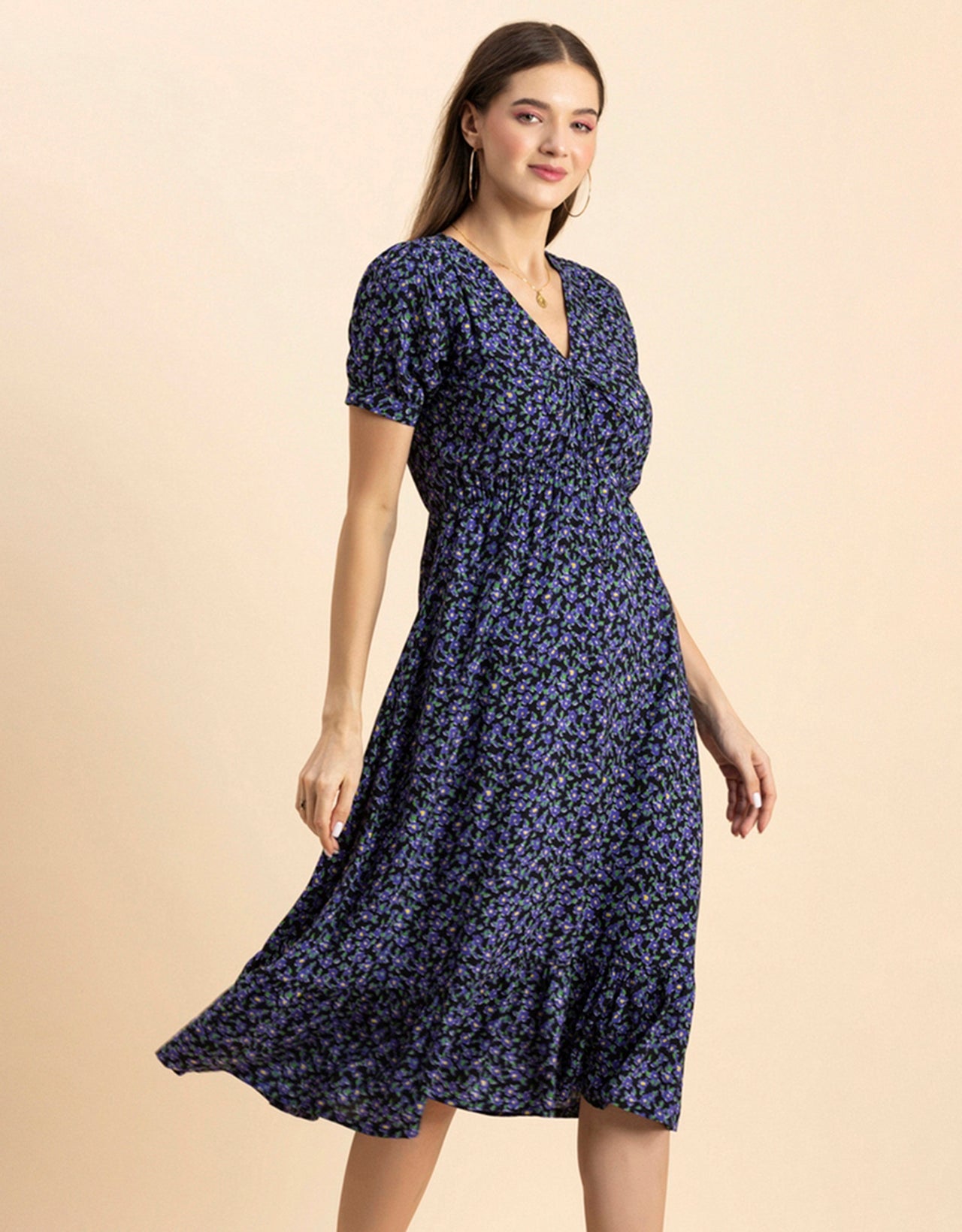 Printed Summer Dress, V-Neck Midi