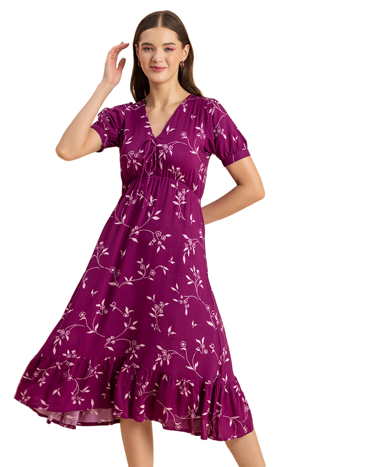 Printed Summer Dress, V-Neck Midi