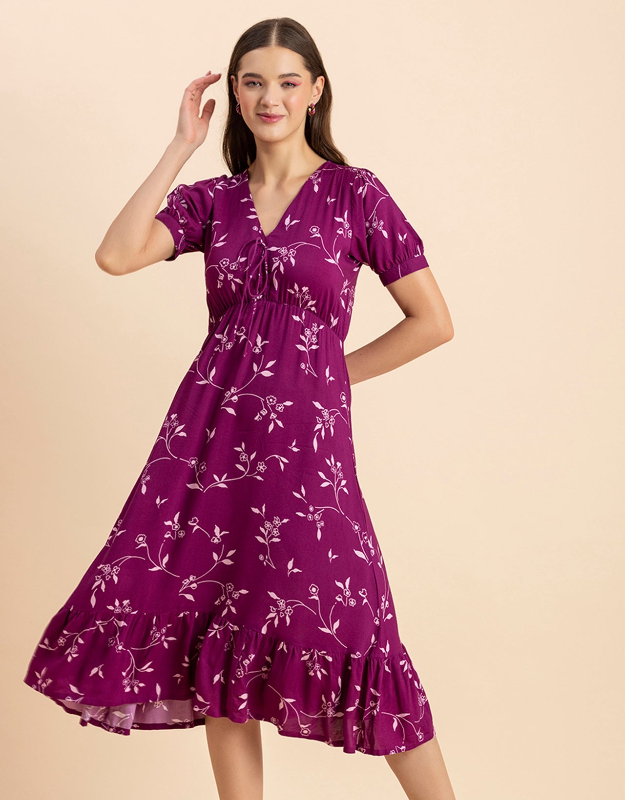 Printed Summer Dress, V-Neck Midi
