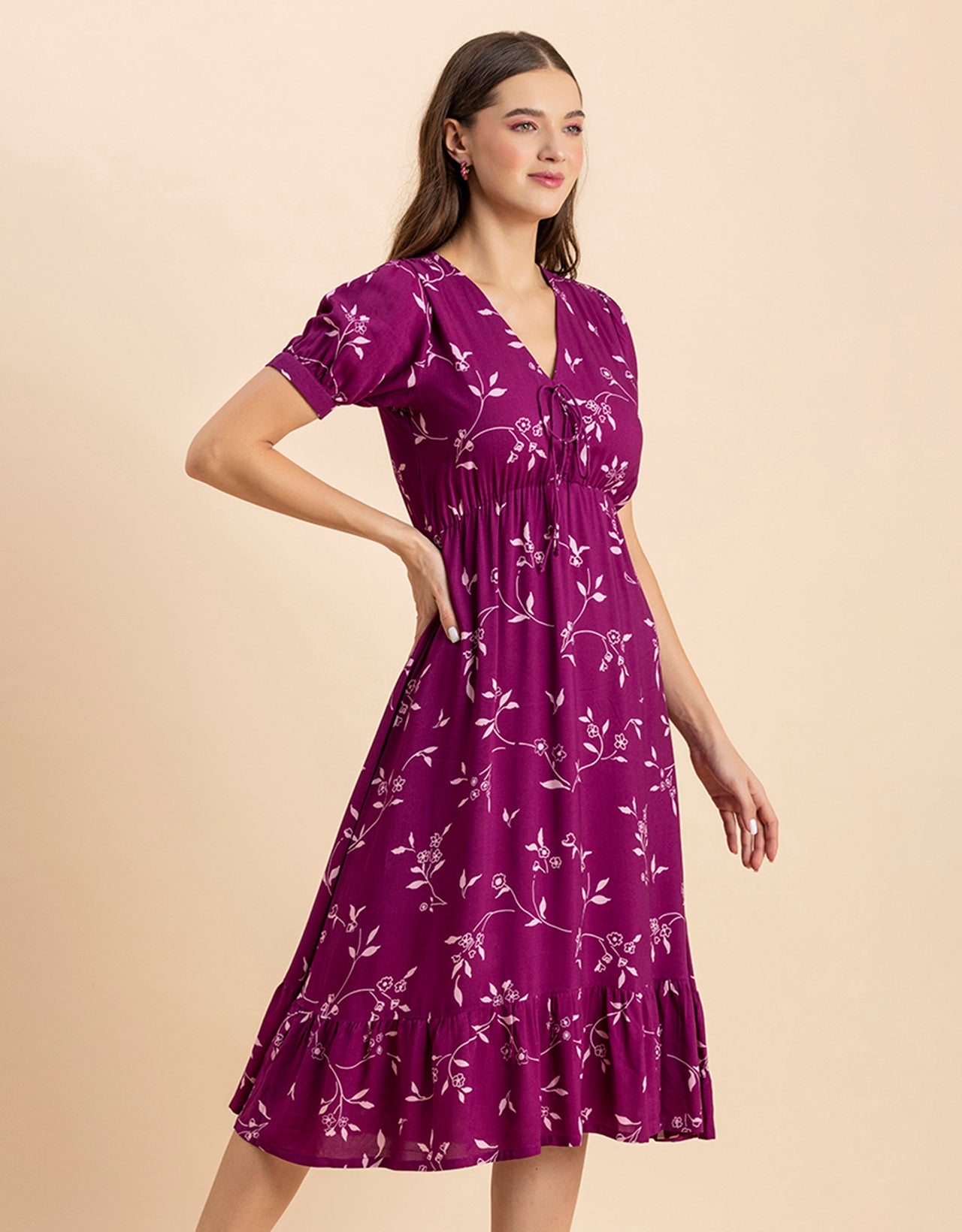 Printed Summer Dress, V-Neck Midi
