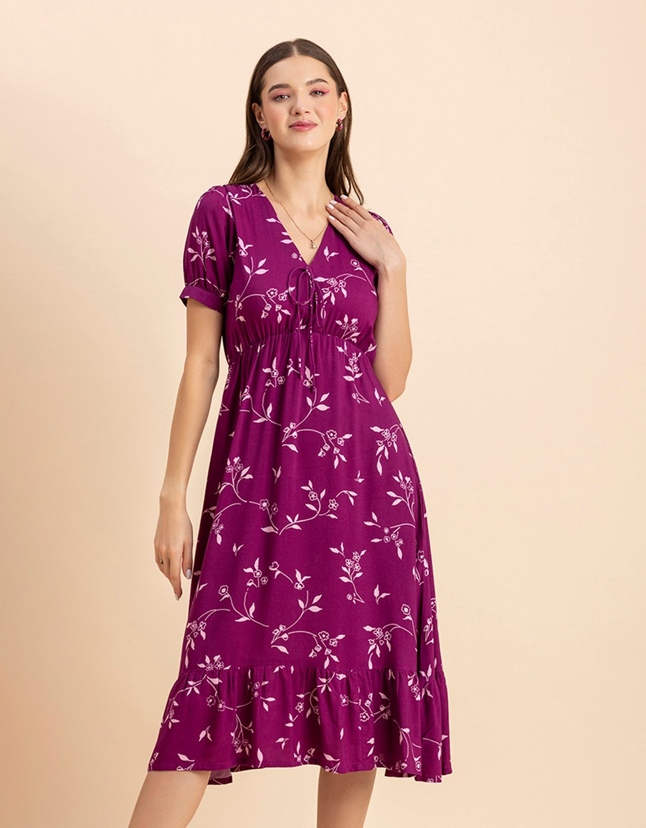 Printed Summer Dress, V-Neck Midi