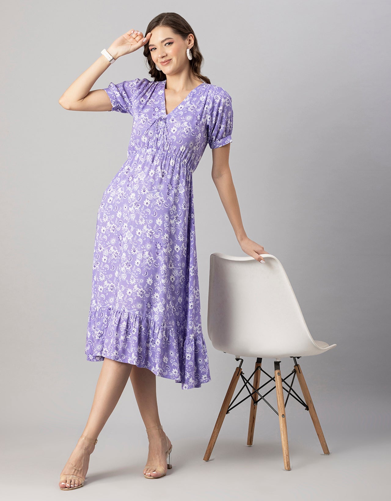 Printed Summer Dress, V-Neck Midi