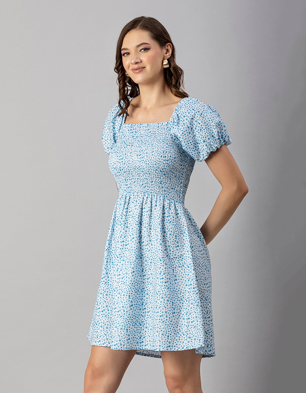 Printed Square Neck Puffed Dress