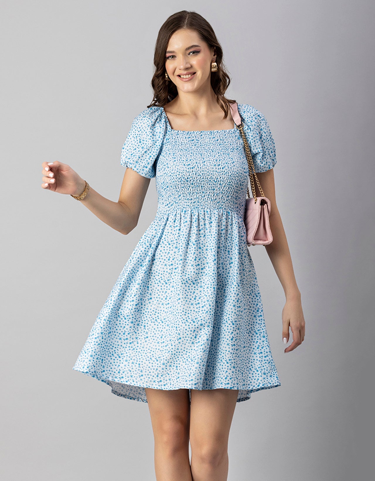 Printed Square Neck Puffed Dress