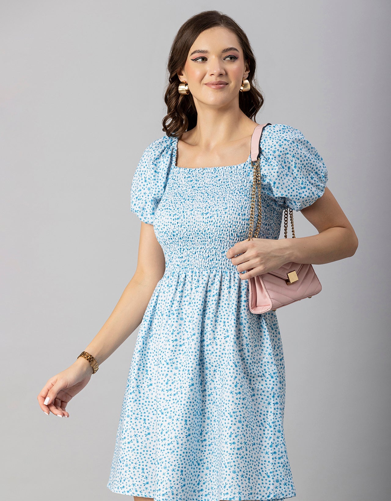Printed Square Neck Puffed Dress