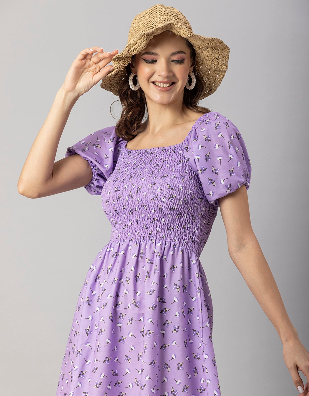 Printed Square Neck Puffed Dress