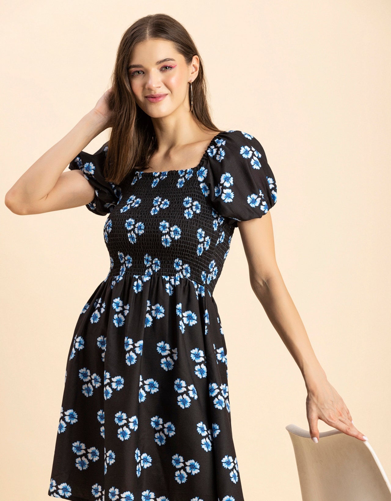 Printed Square Neck Puffed Dress