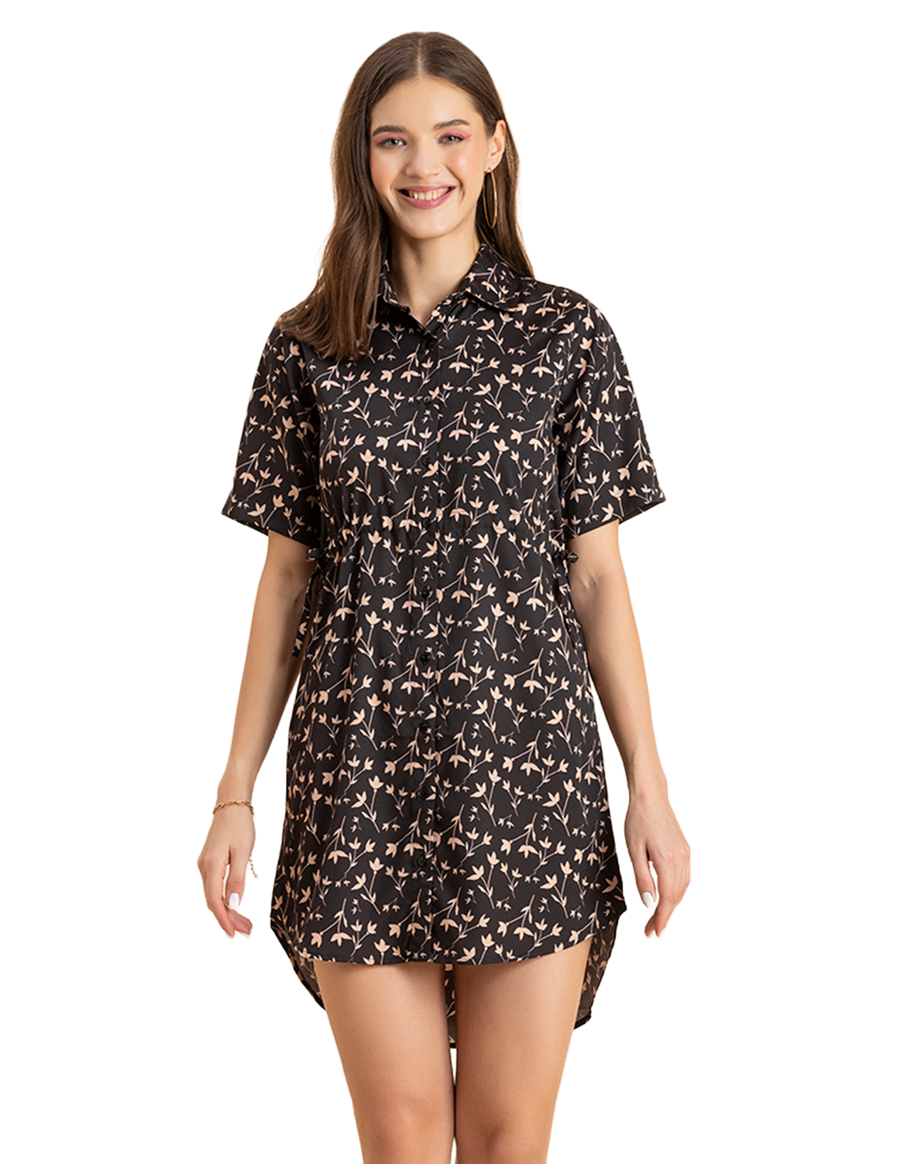 Printed Elbow Sleeves Collared Dress