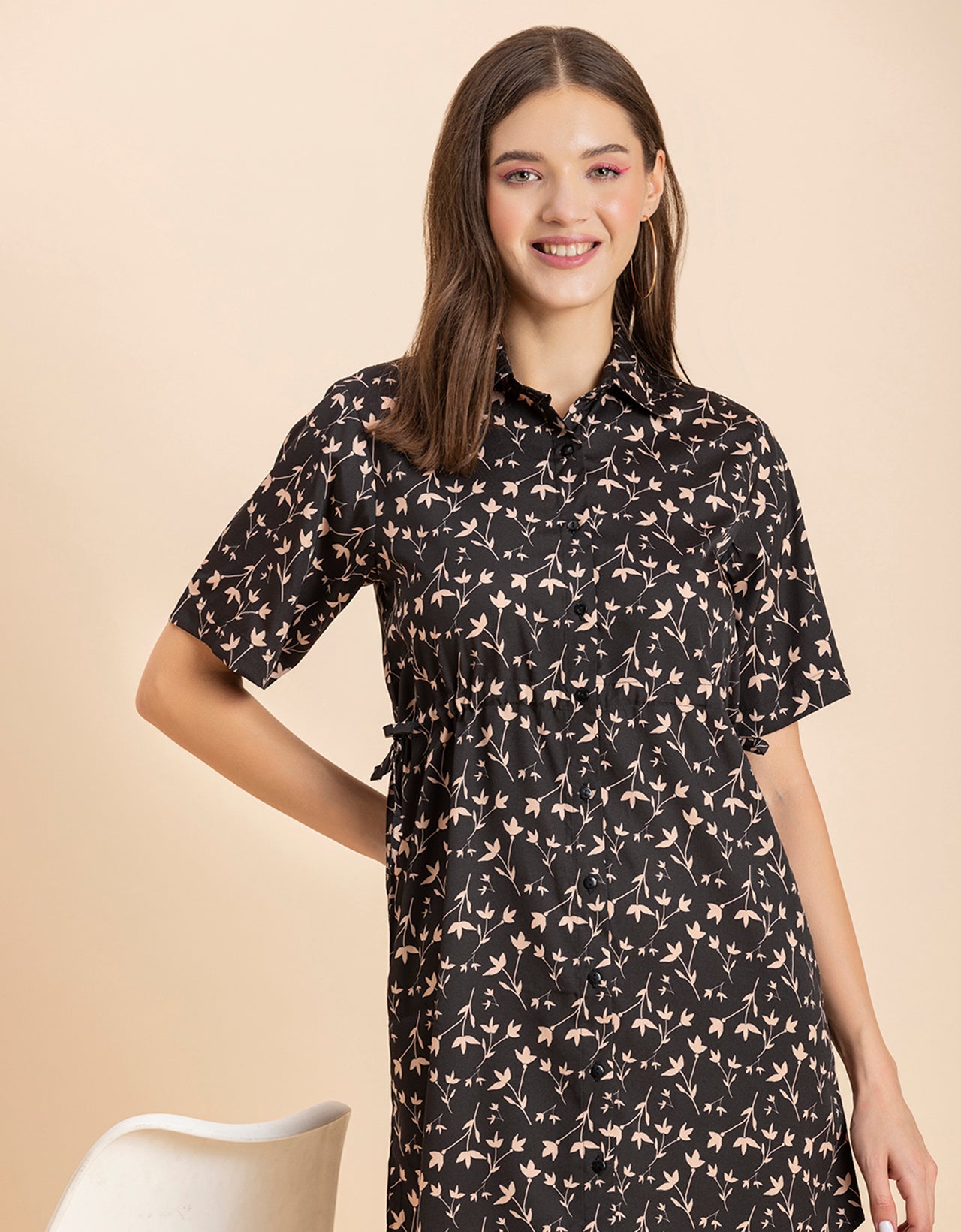 Printed Elbow Sleeves Collared Dress