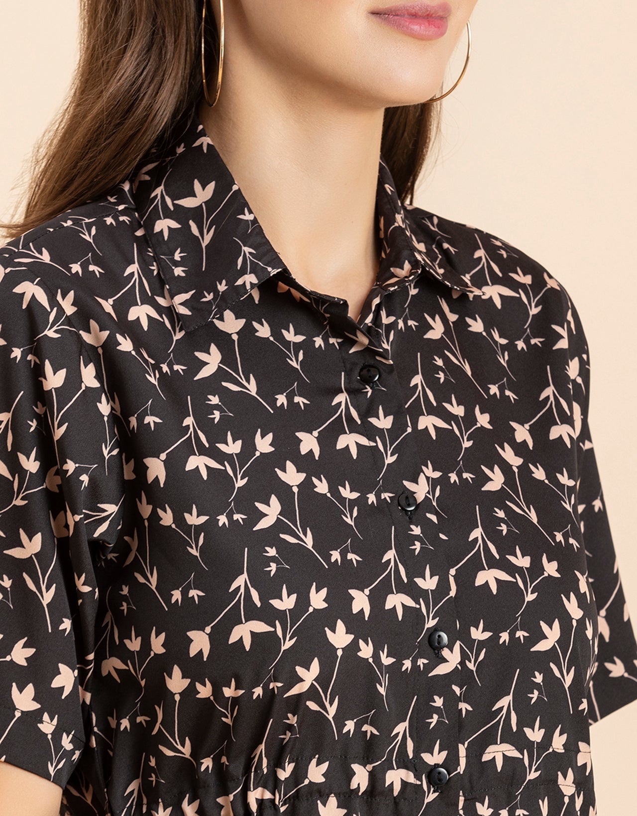Printed Elbow Sleeves Collared Dress