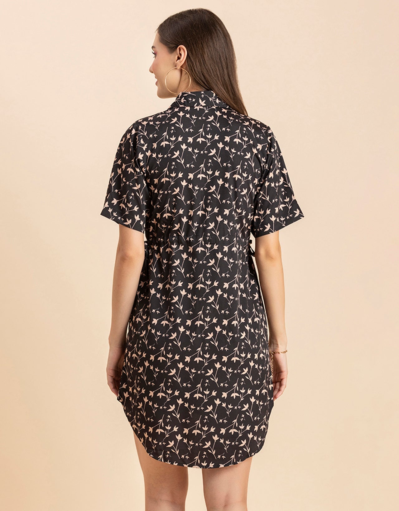 Printed Elbow Sleeves Collared Dress