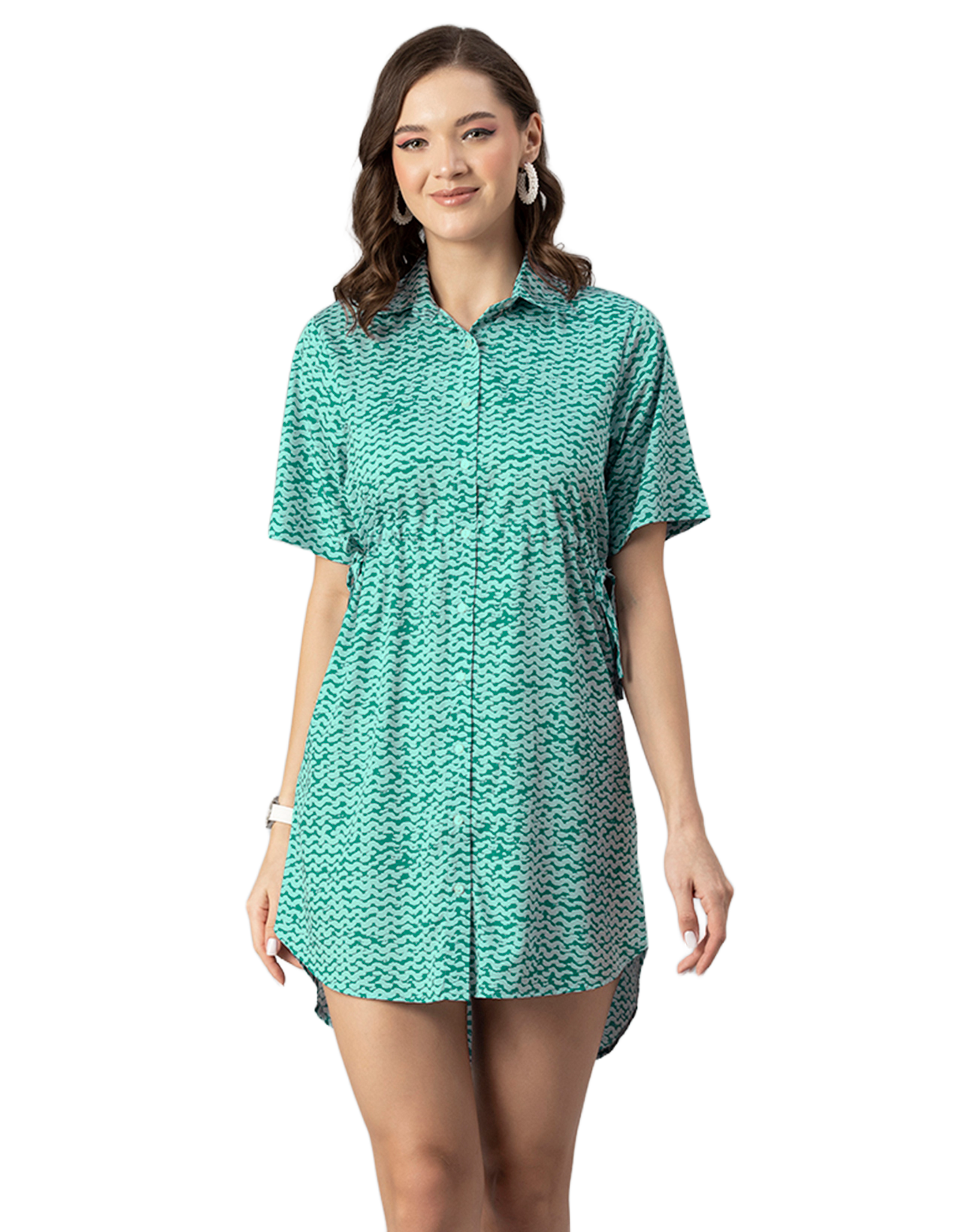 Printed Elbow Sleeves Collared Dress