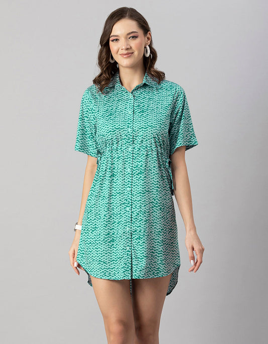 Printed Elbow Sleeves Collared Dress