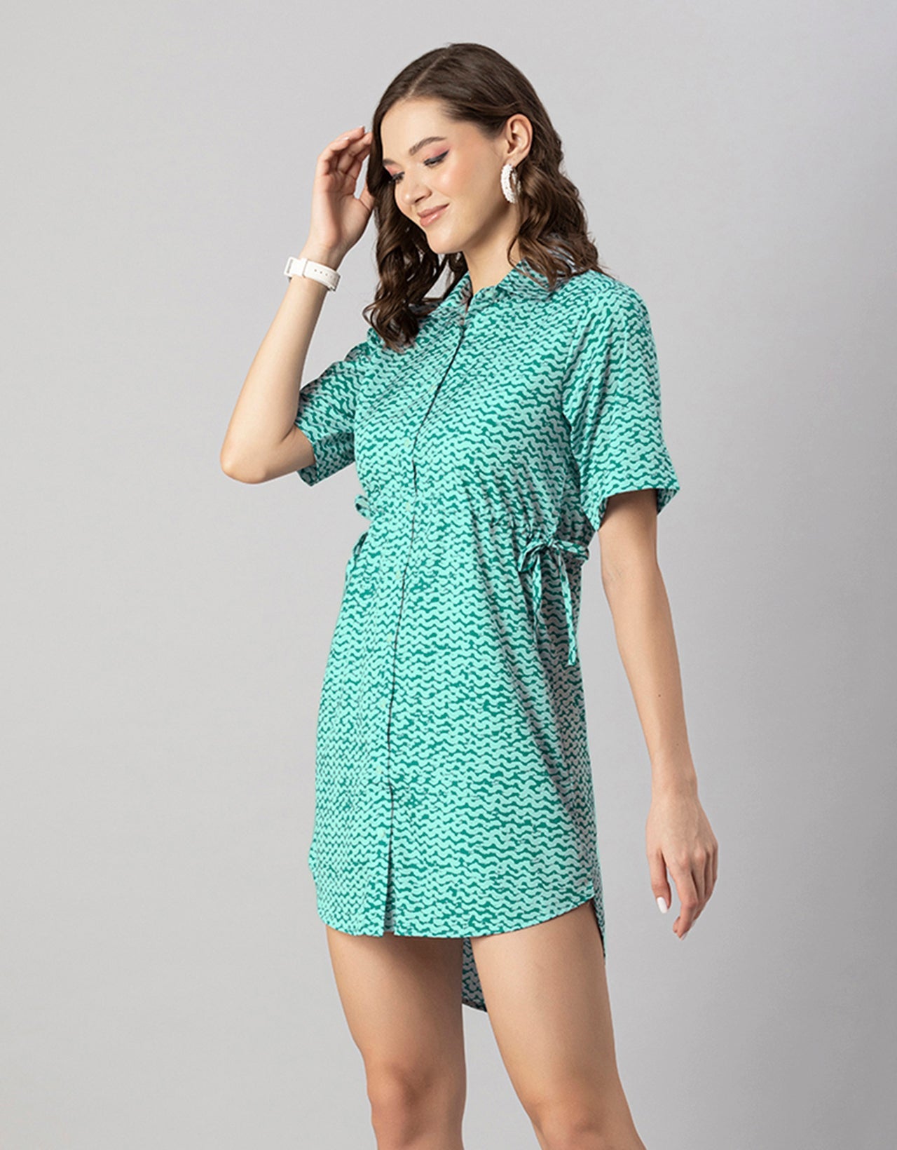 Printed Elbow Sleeves Collared Dress