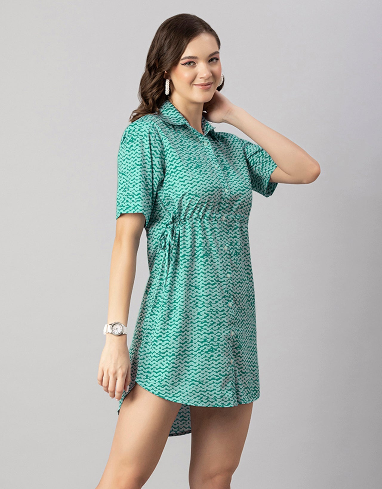 Printed Elbow Sleeves Collared Dress