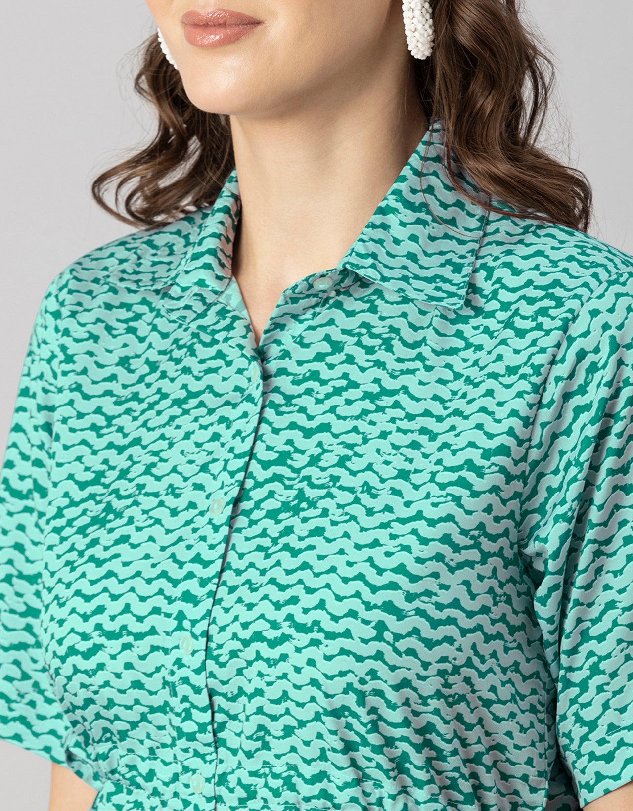 Printed Elbow Sleeves Collared Dress