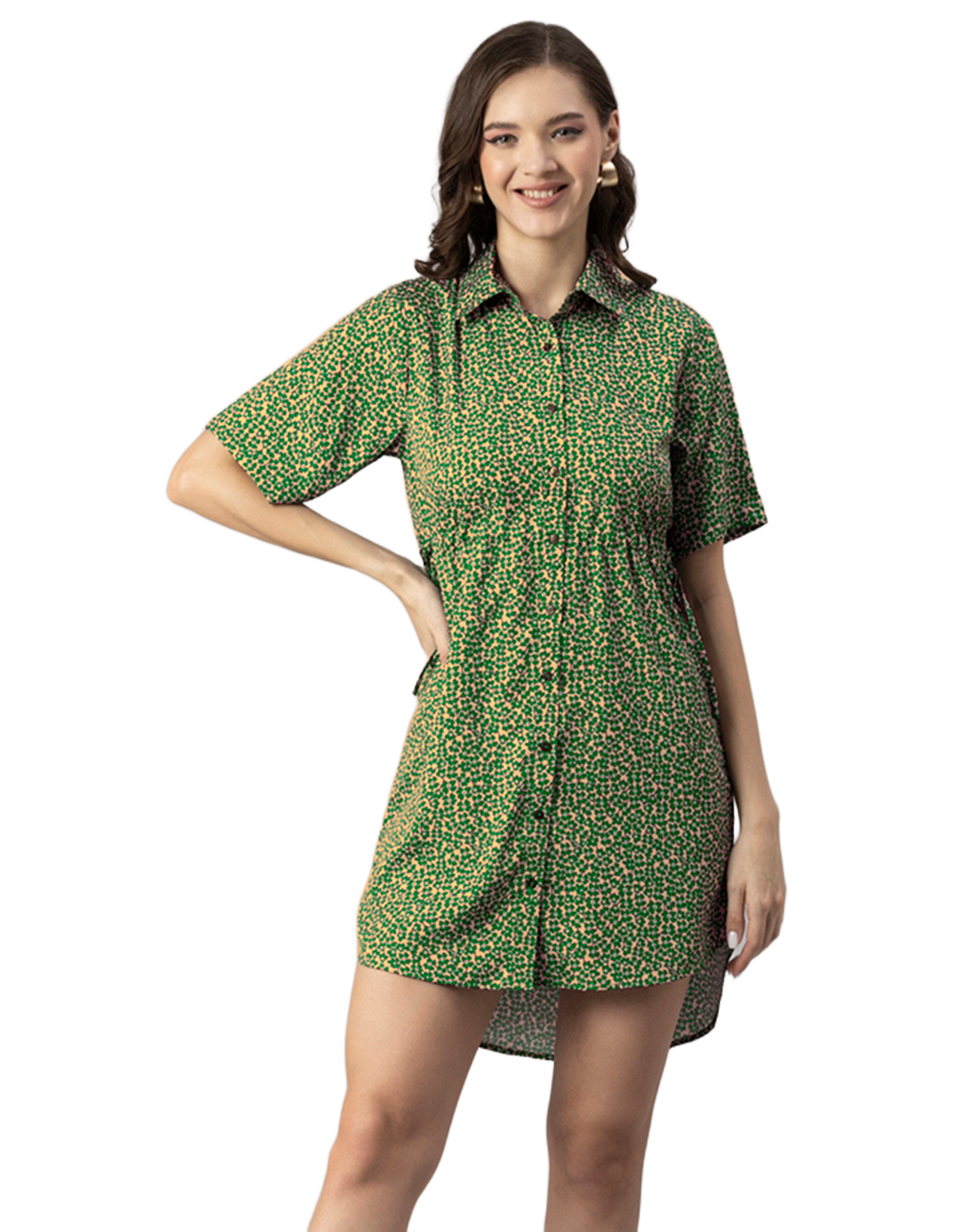 Printed Elbow Sleeves Collared Dress
