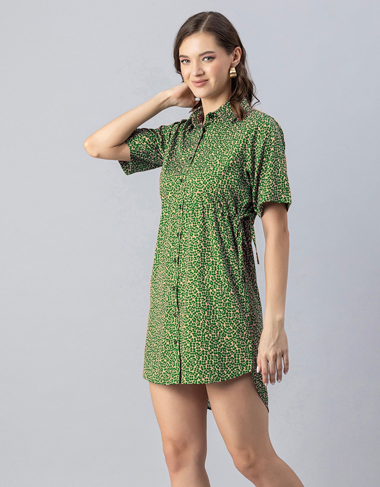 Printed Elbow Sleeves Collared Dress